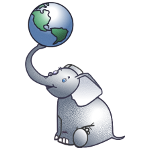 White Elephant Holding Globe | PostGIS Logo | A2 Hosting | A2 Hosting