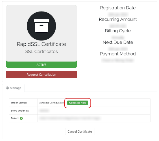 Customer Portal - SSL Certificate - Generate Now