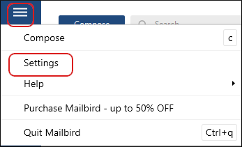 Mailbird - Settings menu