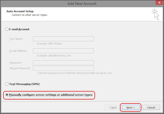 Outlook - Add Account - Manually configure