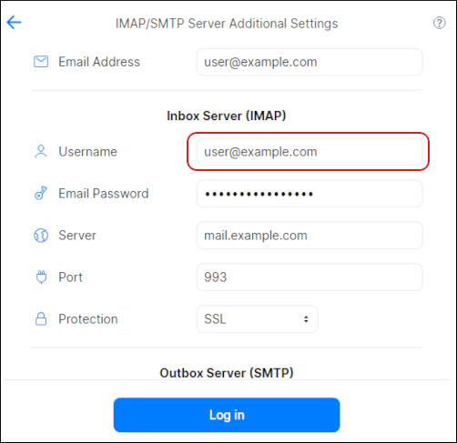 Spark Mail - Additional Settings section - Inbox Server (IMAP)
