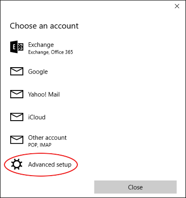 Microsoft Mail - Choose an account - Advanced setup