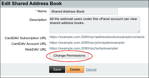 Horde webmail - Shared Address Book - Change Permissions